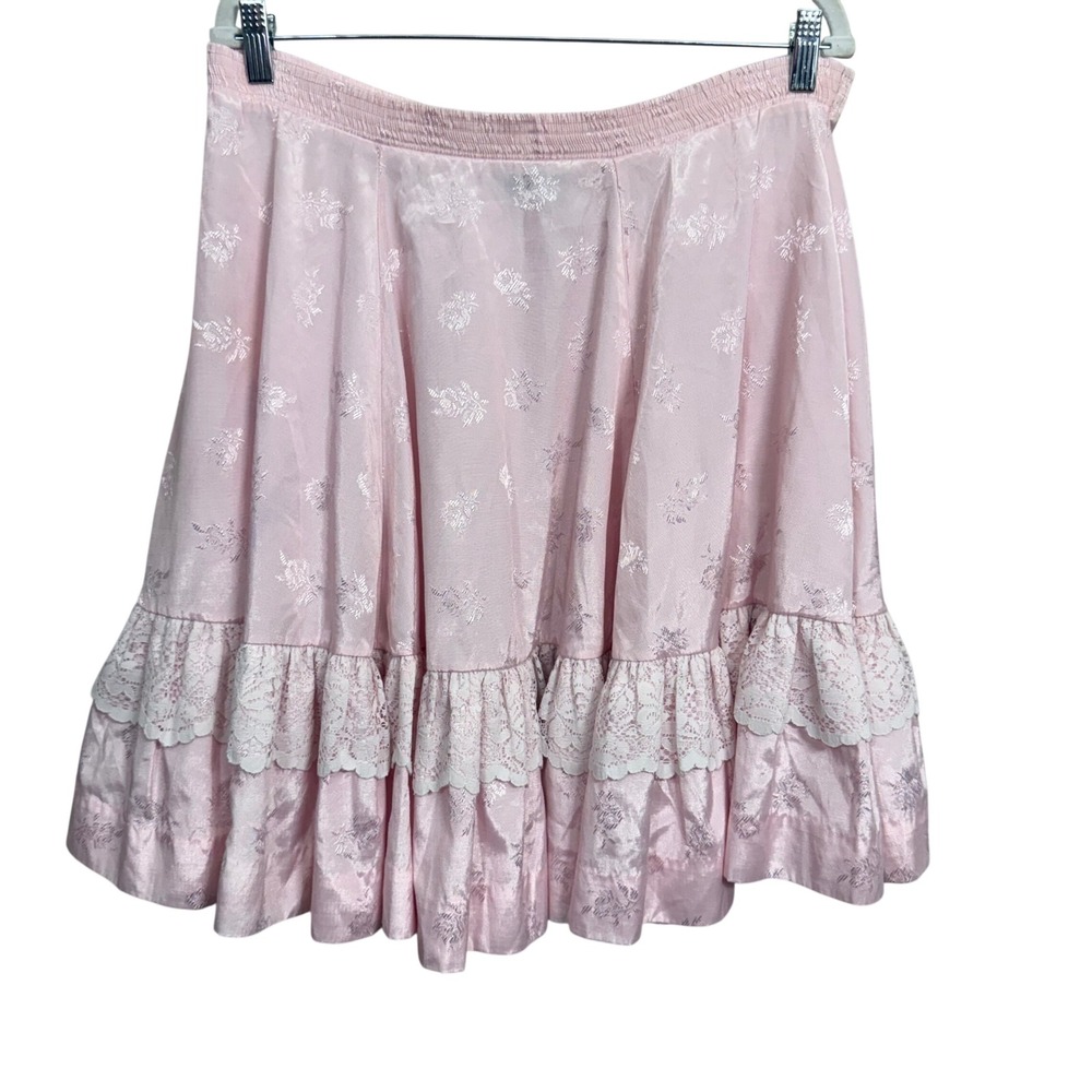 Vintage Rockmount Ranch Wear Pink Floral Satin Lace Ruffle Western Skirt XL USA